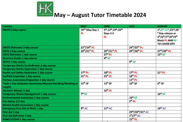 Course Schedule - May-Aug 2024