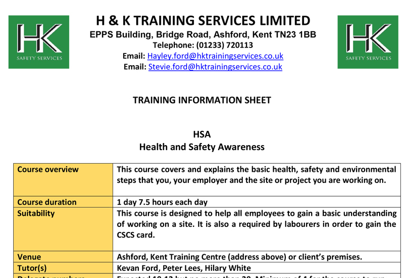 Health and Safety Awareness Courses