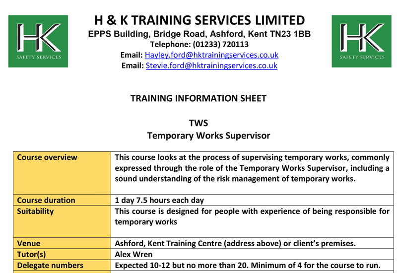 Temporary Works Supervisor Courses
