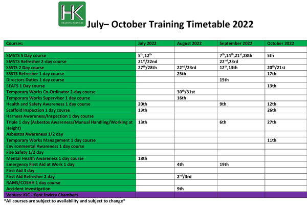 Course Schedule - Jul-Oct 2022