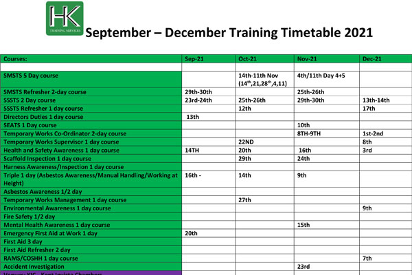 Course Schedule - Sep-Dec 2021